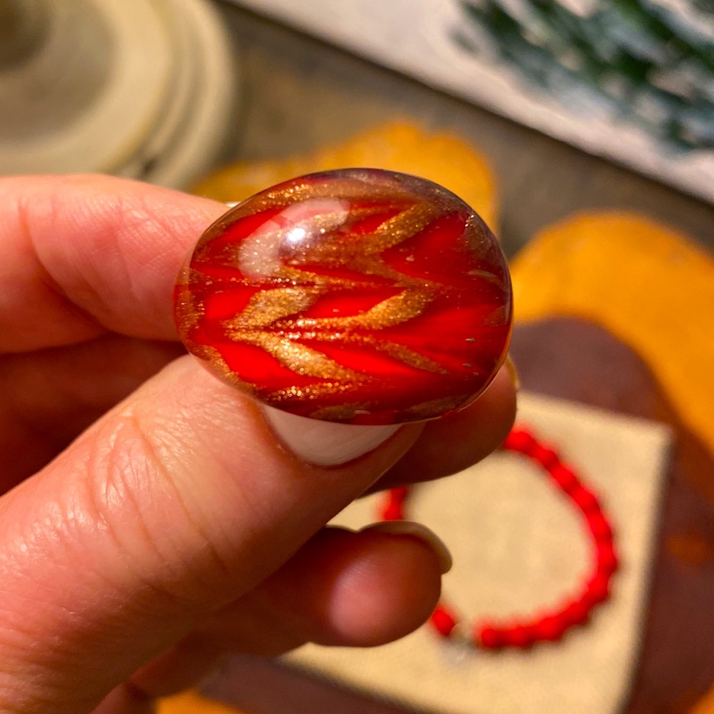 Red & Gold Murano Handblown Glass Ring & Bracelet set. Like New. 😍